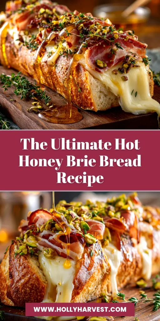 An overhead shot of a golden baked brie cheese bread on a wooden board, with gooey cheese pulling from the center. Perfect for a party appetizer.