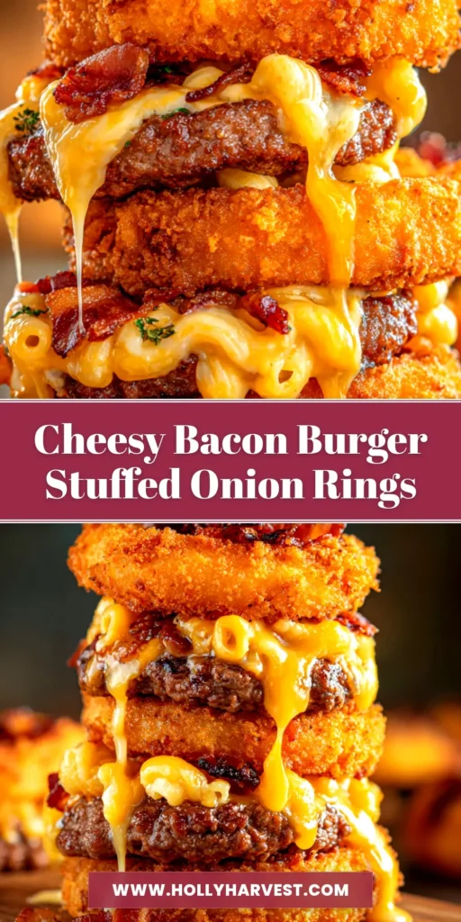 A close-up shot of crispy, golden-brown Burger Stuffed Onion Rings stacked on a plate, ready to be eaten.