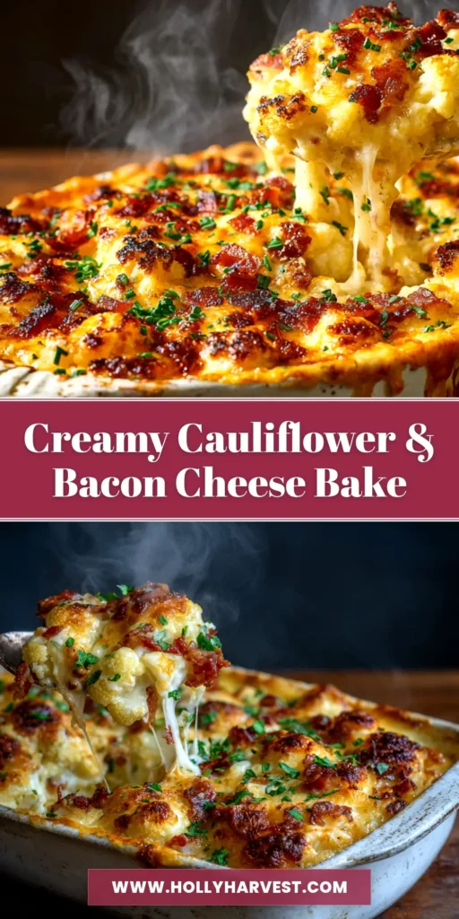 A top-down view of a freshly baked Caramelized Onion & Bacon Cauliflower Bake in a white baking dish, showing the golden-brown cheesy top and crispy bacon.