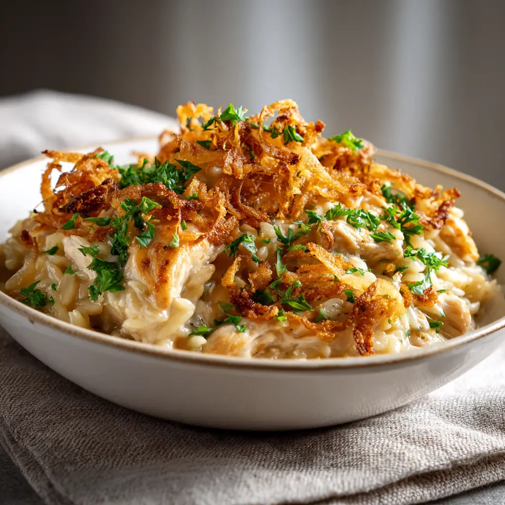 The caramelized onion chicken casserole in a skillet, topped with golden-brown, melted Gruyère cheese, ready to be served.