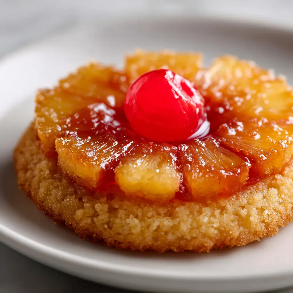 Pineapple Upside Down Cookies: The Ultimate Tropical Treat 2 A close-up macro shot of a single pineapple upside down cookie, highlighting the texture of the caramelized brown sugar glaze and the juicy pineapple ring.