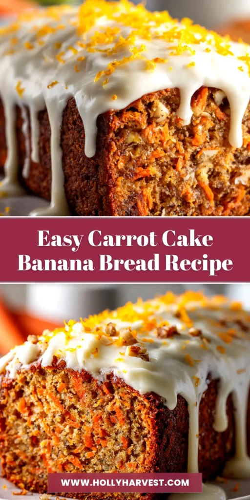 A beautiful slice of moist carrot cake banana bread on a white plate, topped with a thick layer of cream cheese frosting and garnished with chopped walnuts.