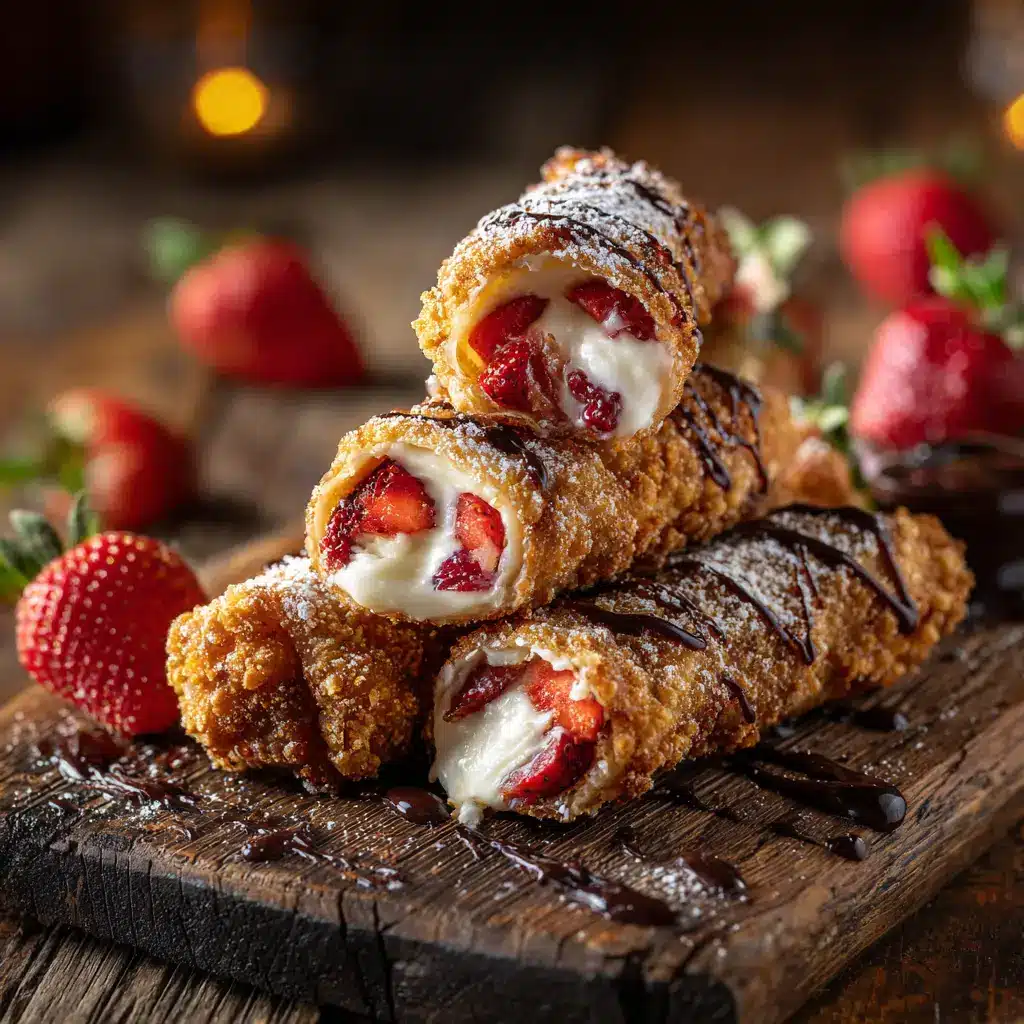 A close-up shot of a single cheesecake egg roll cut in half, revealing the warm and creamy cream cheese filling inside.