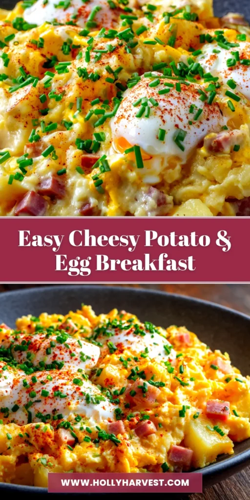 A delicious and hearty Cheesy Potato Egg Scramble served in a black cast iron skillet, garnished with fresh herbs. The perfect one-pan breakfast recipe.