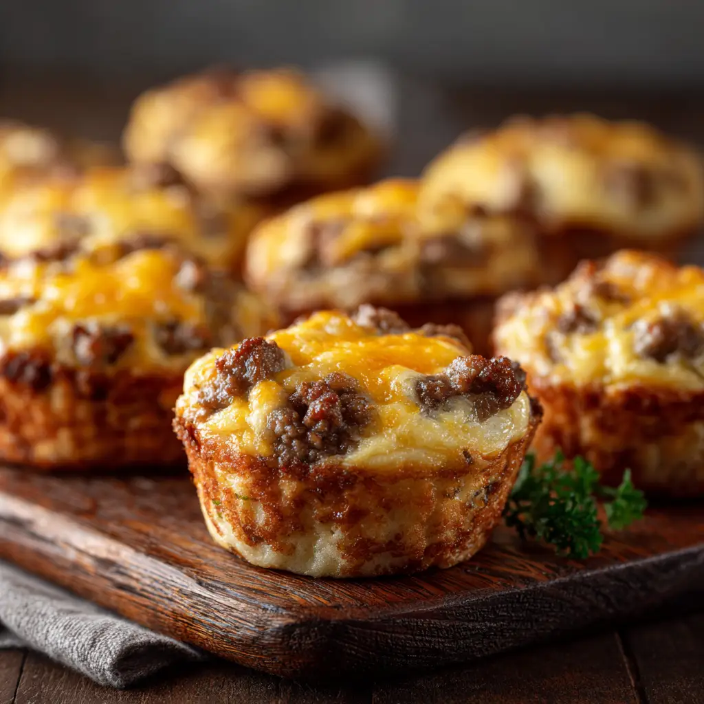 A cheesy sausage breakfast cup being lifted from a muffin tin, illustrating how easy they are to make and serve.