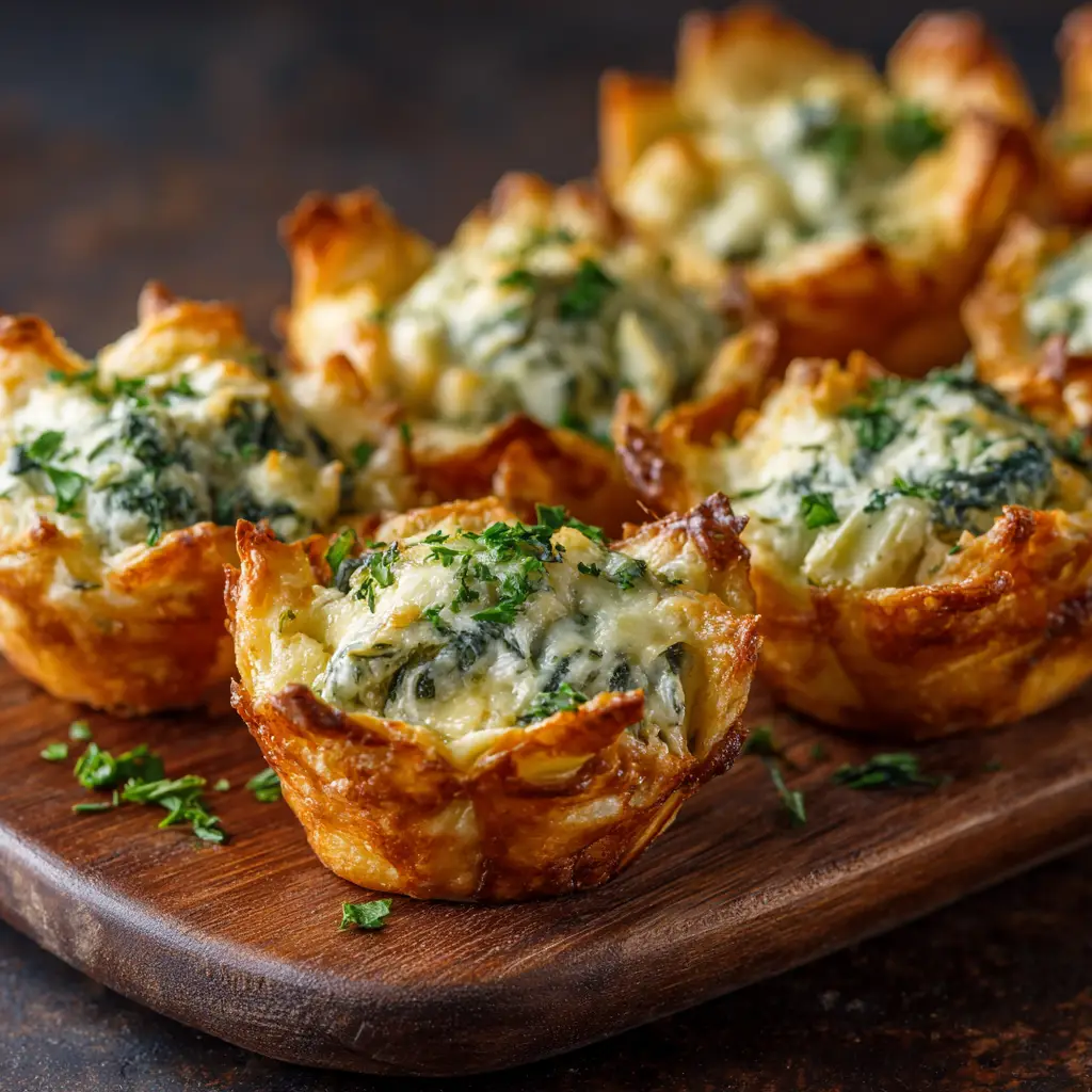 Spinach Artichoke Dip Bites: The Ultimate Cheesy Appetizer 2 An extreme close-up of a cheesy spinach artichoke bite, showing the creamy filling and golden, flaky crust.