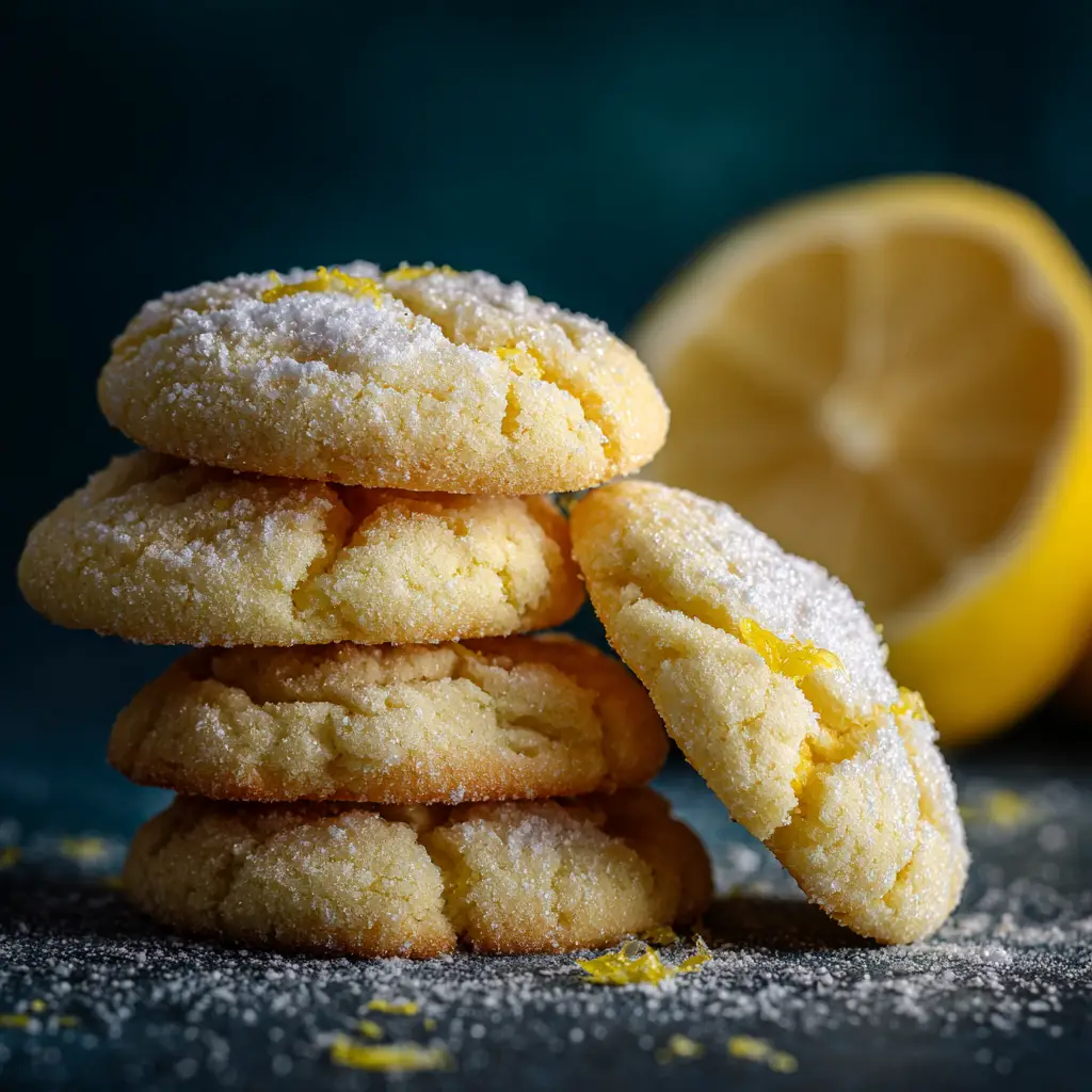 Lemon Sugar Cookies: Soft, Chewy, and Easy to Make! 2 A close-up shot of a stack of freshly baked chewy lemon sugar cookies, highlighting their soft texture and cracked tops before glazing.