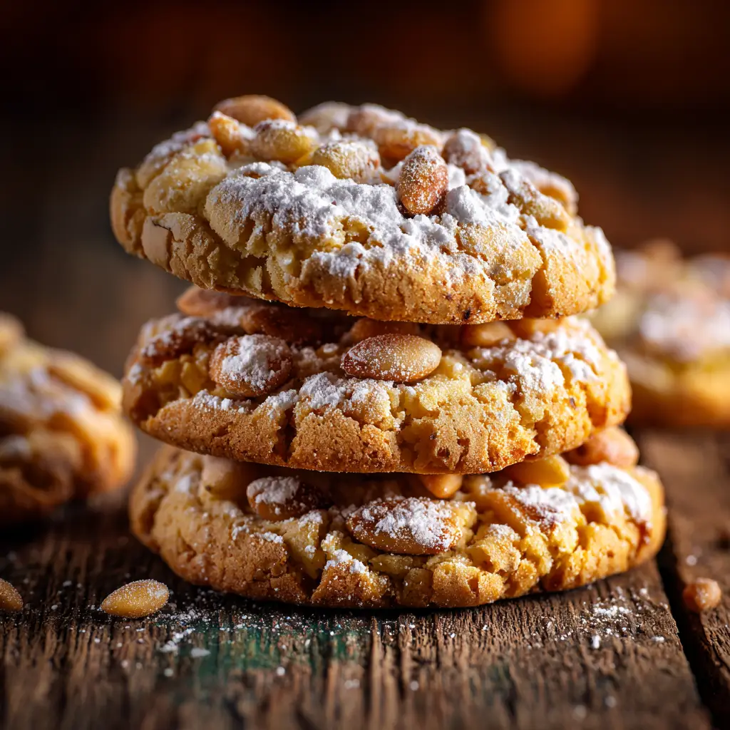 Pignoli Cookies: The Authentic Italian Recipe 2 A close-up macro shot of a stack of chewy pignoli cookies, showing the soft almond paste interior and the crisp, toasted pine nut exterior. The texture is clearly visible, enticing the viewer.