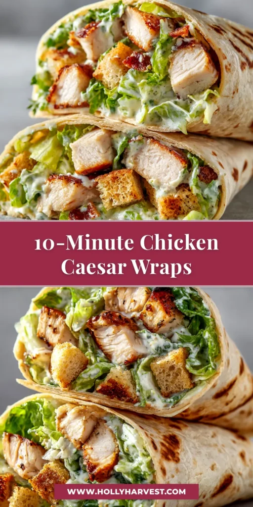 A visually appealing overhead shot of delicious Chicken Caesar Wraps, sliced in half to show the filling, with a side of creamy dressing.