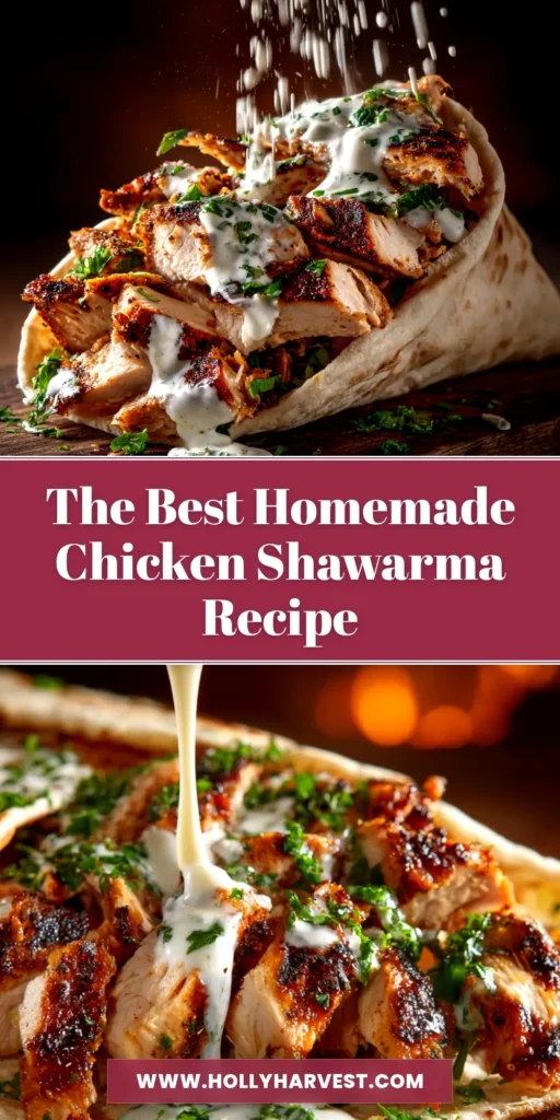 An easy Chicken Shawarma Recipe with juicy, marinated chicken, fresh vegetables, and creamy garlic sauce wrapped in a soft pita.