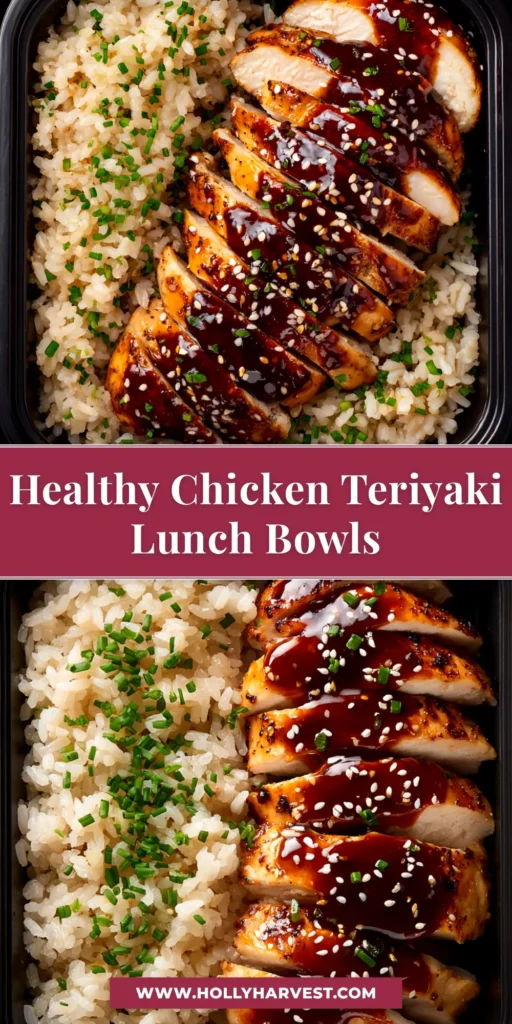 An overhead shot of four chicken teriyaki meal prep containers, filled with chicken, rice, and broccoli. The perfect healthy and easy meal prep idea.