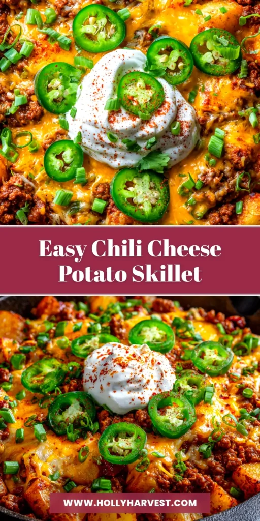 A delicious and easy Chili Cheese Potato Skillet in a cast-iron pan, topped with melted cheddar cheese and fresh cilantro. The ultimate one-pan comfort food dinner.