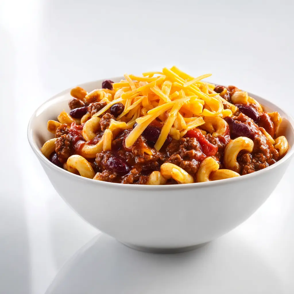 An overhead view of the ingredients for chili mac and cheese laid out, including ground beef, pasta, cheese, and spices.