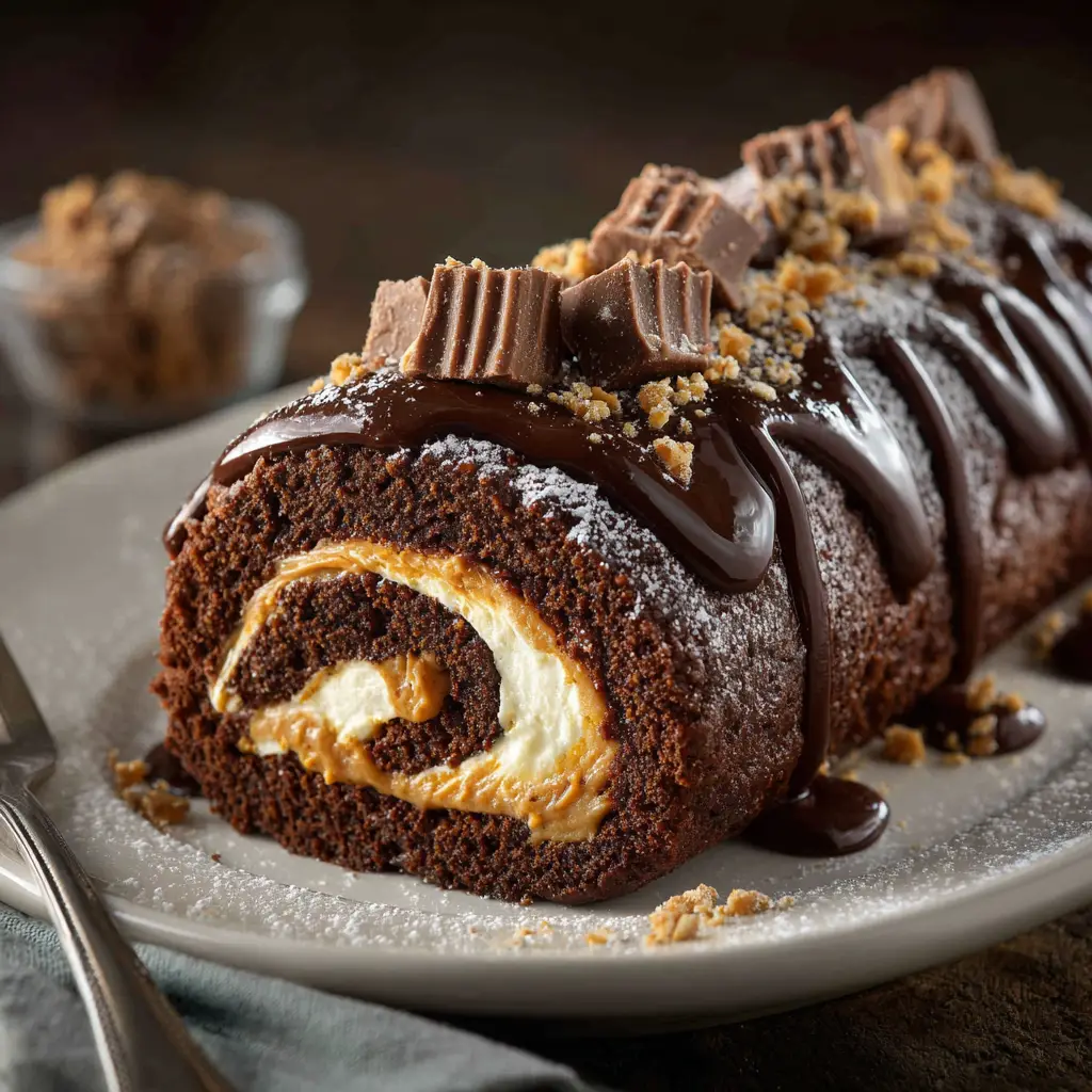 Peanut Butter Cup Chocolate Roll (No-Fail Recipe!) 2 A close-up shot of the rich chocolate cake roll, showing its moist and spongy texture before being filled.