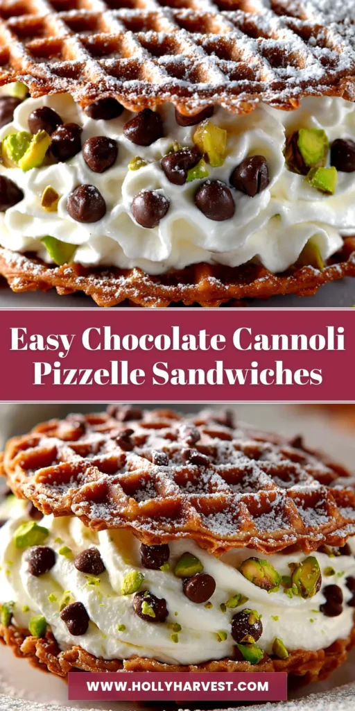 A platter of Chocolate Cannoli Pizzelle Sandwiches, showing the crispy chocolate cookies and creamy cannoli filling.