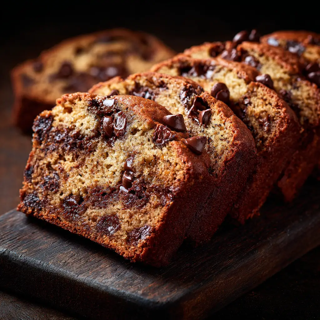 The thick and creamy batter for chocolate chip banana bread in a loaf pan, ready to be baked. The top is sprinkled with extra chocolate chips.