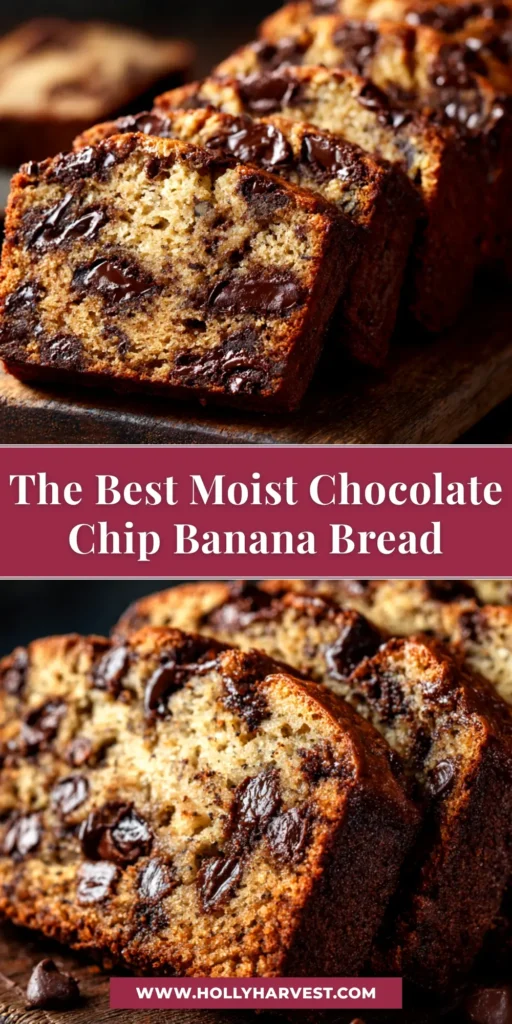 A perfect slice of moist chocolate chip banana bread recipe on a white plate, with the loaf in the background. The bread is golden-brown and studded with melted chocolate chips.