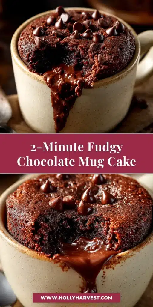 Chocolate Mug Cake: The Ultimate 3-Minute Fudgy Dessert 3 An easy and fudgy chocolate mug cake in a white mug, topped with chocolate chips and ready in minutes.