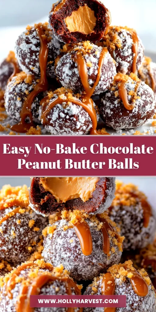 A plate of easy no-bake Chocolate Peanut Butter Snowballs, coated in rich chocolate and topped with festive sprinkles. A perfect holiday treat.