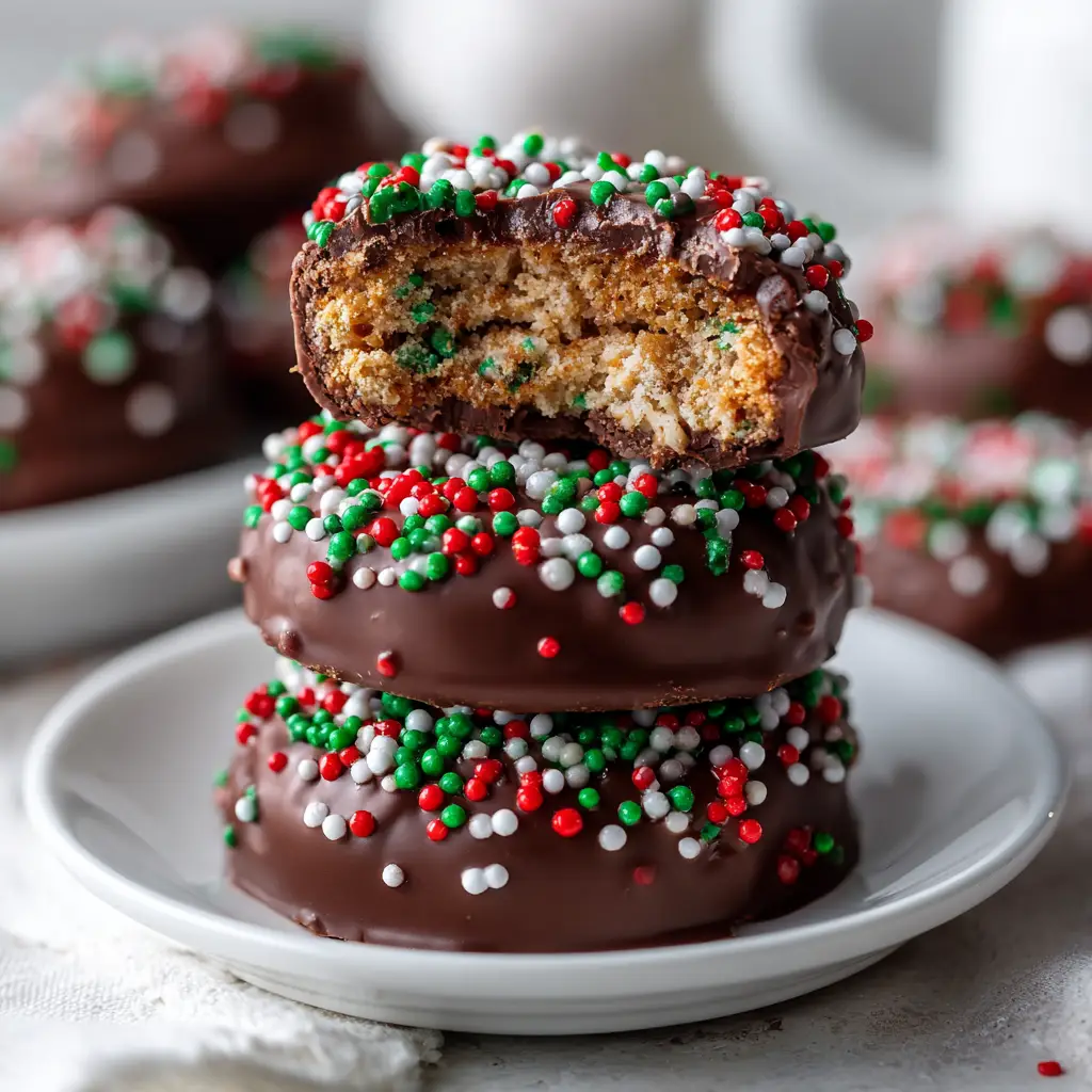 Chocolate Peanut Butter Stacks: The Easiest No-Bake Treat 2 A close-up macro view of three Chocolate Peanut Butter Stacks, highlighting the glossy melted chocolate and crunchy texture.
