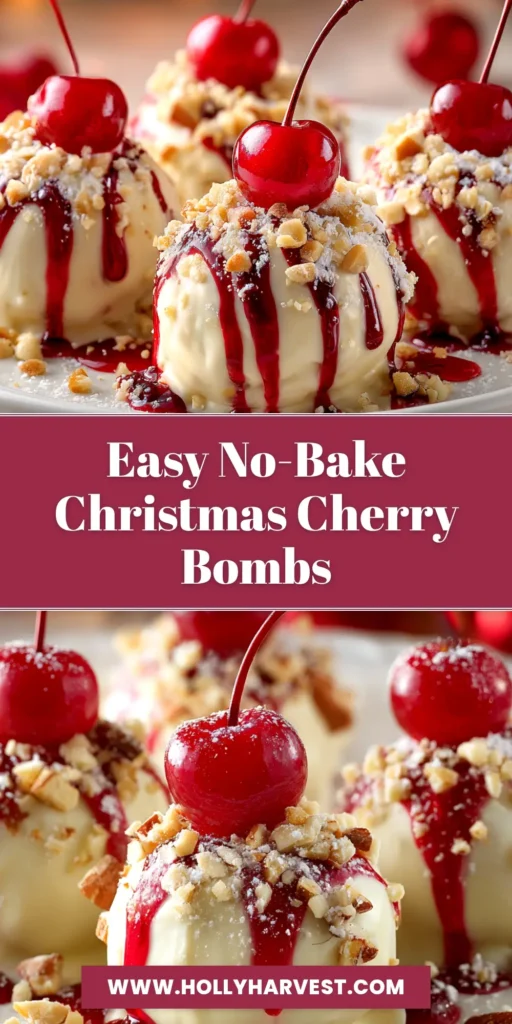 Christmas Cherry Bombs: The Perfect No-Bake Holiday Treat 3 A close-up shot of several homemade Christmas Cherry Bombs on a festive plate. The white chocolate coated treats are decorated with red and green sprinkles, with one cut in half to show the cherry center.