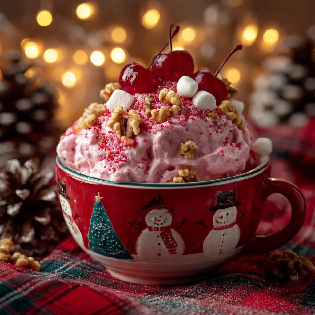 Christmas Cherry Fluff: The Easiest Holiday Dessert Salad 1 All the ingredients for Christmas Cherry Fluff arranged on a festive background, including cherry pie filling, pineapple, and marshmallows.