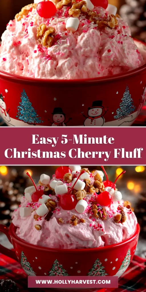 Christmas Cherry Fluff: The Easiest Holiday Dessert Salad 3 A large glass bowl of festive Christmas Cherry Fluff salad, ready to be served. The pink fluff is dotted with cherries, pineapple, and marshmallows.