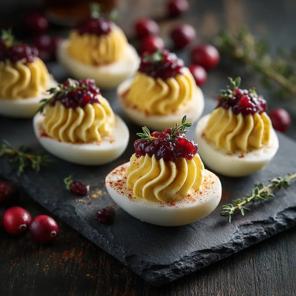 Cranberry Deviled Eggs: The Perfect Holiday Appetizer 1 A beautiful serving platter of Christmas deviled eggs ready for a party, with festive decorations in the background.