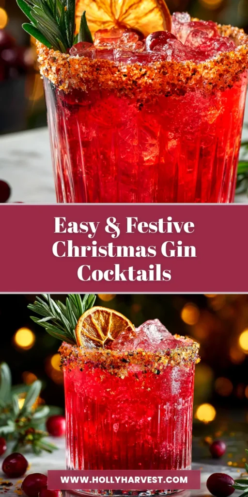 Christmas Gin Cocktails: The Perfect Festive Cranberry Fizz 4 A beautiful overhead shot of festive red Christmas gin cocktails, garnished with fresh cranberries and rosemary, ready for a holiday party.
