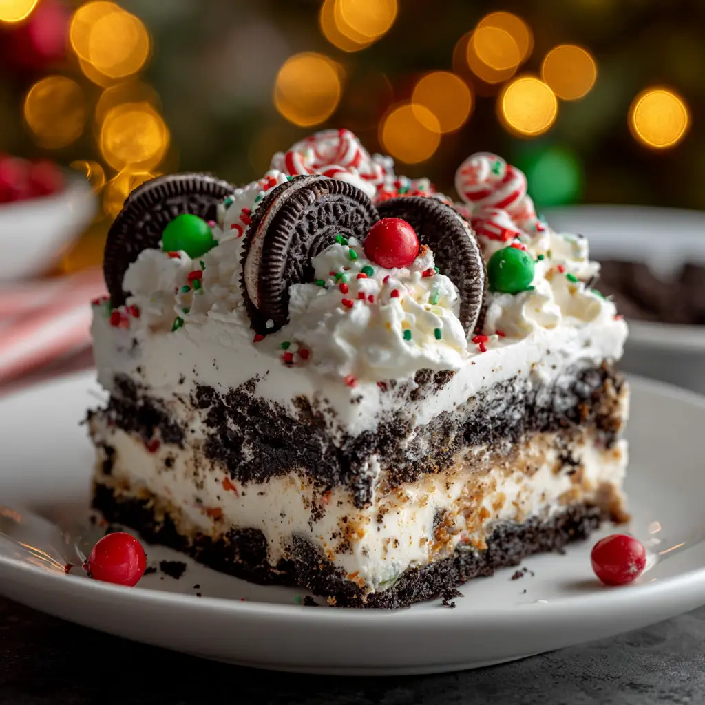 No-Bake Christmas Oreo Lasagna (Easy Holiday Dessert!) 1 A close-up view of the chocolate pudding and cream cheese layers of the easy holiday Oreo dessert, with a fork taking a bite.