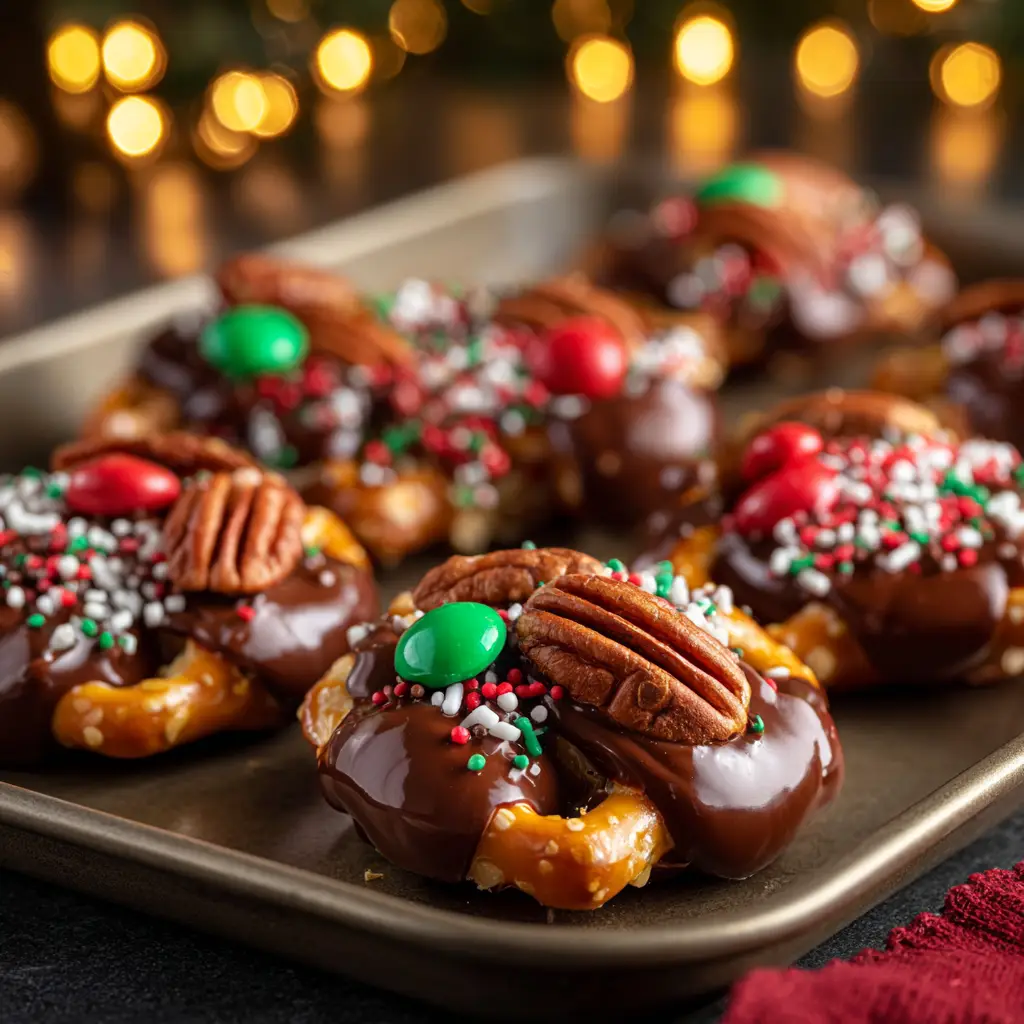 Christmas Rolo Pretzels: The Easiest 3-Ingredient Holiday Treat! 2 A macro shot of a single Christmas Rolo pretzel turtle, showing the glossy melted chocolate and a perfectly placed pecan.
