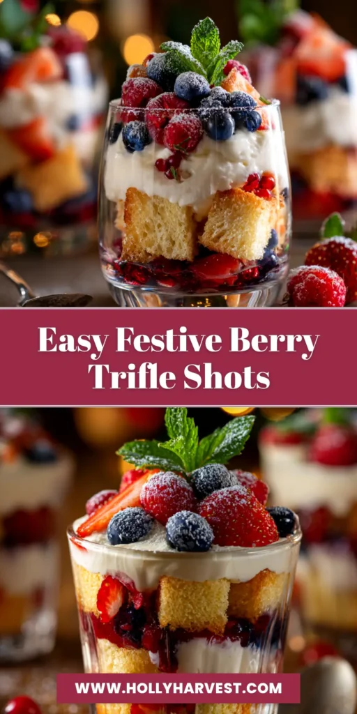 A close-up shot of individual Christmas trifle shots layered in elegant glasses, garnished with fresh berries for a festive holiday dessert.