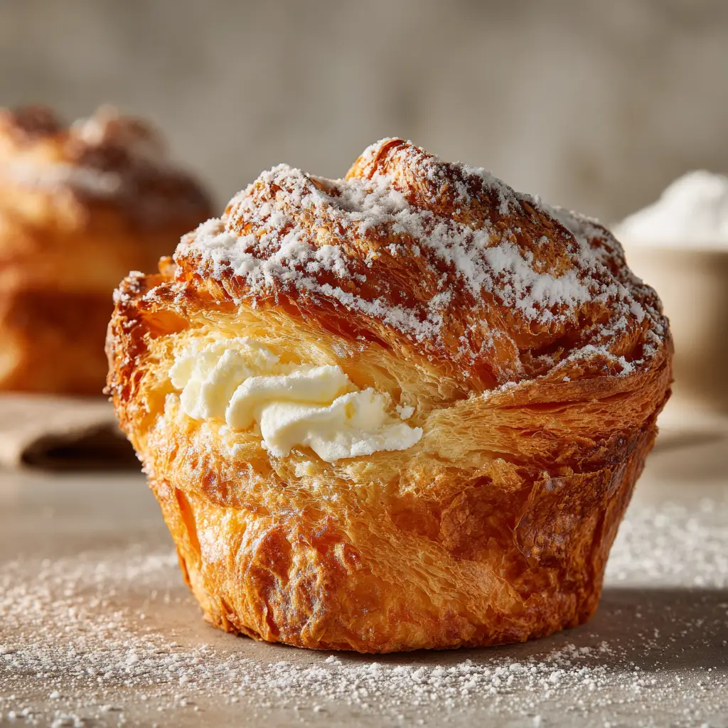 Cinnamon Cruffins: The Ultimate Croissant Muffin Hybrid 1 A golden-brown cinnamon sugar croissant muffin hybrid cooling on a wire rack, with visible swirls of cinnamon filling.