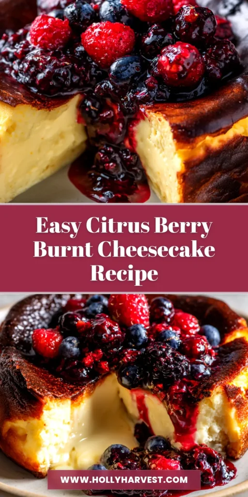 Citrus Berry Burnt Cheesecake: A Foolproof Recipe 4 A beautiful slice of Citrus Berry Burnt Cheesecake on a plate, showcasing its creamy center and perfectly caramelized dark top, with fresh berries on the side.
