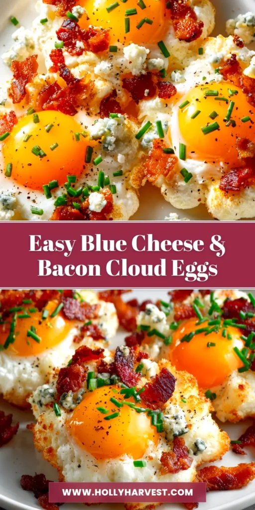 A stunning overhead shot of fluffy cloud eggs recipe on a plate. The baked egg whites are golden brown, cradling a perfect, runny yellow yolk, ready to be eaten.