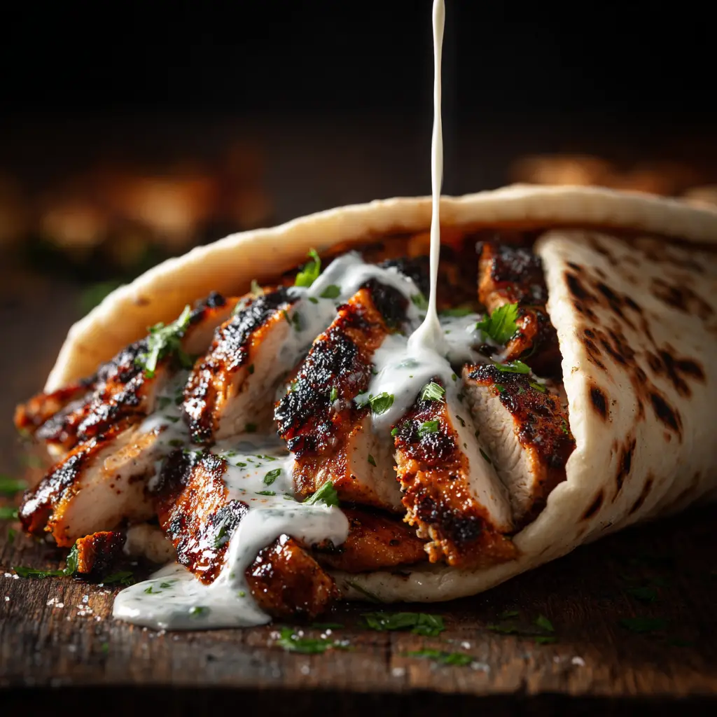 A perfectly cooked piece of chicken for a shawarma recipe, showing the spiced and charred exterior.