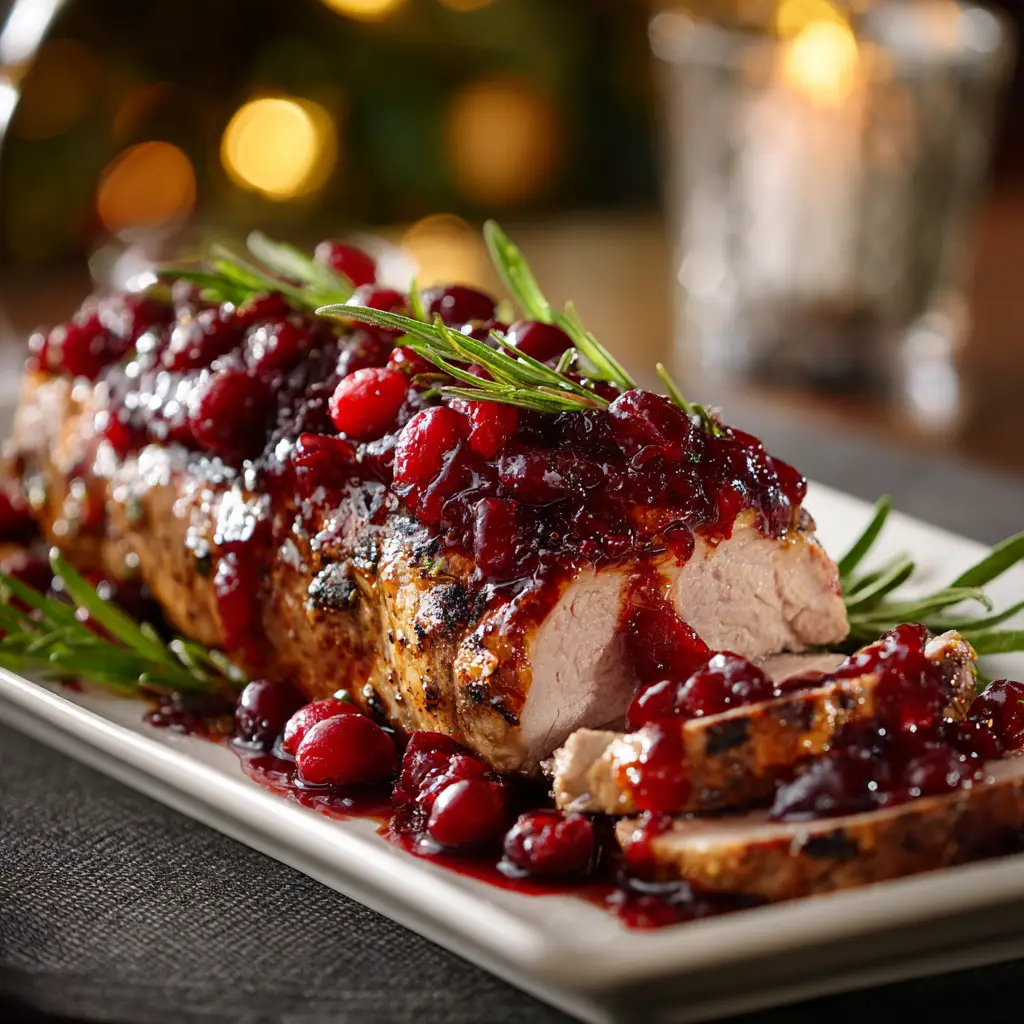 A perfectly cooked cranberry glazed pork tenderloin resting on a wooden cutting board, with a knife ready to slice into it.