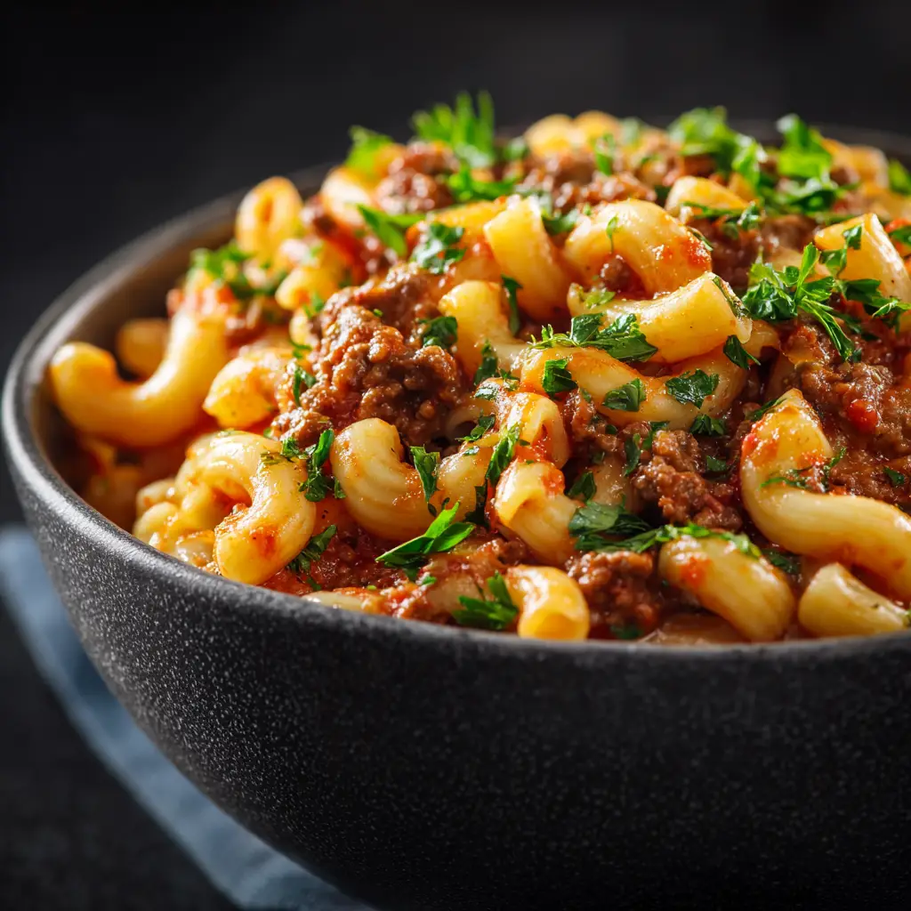 The one pot beefaroni simmering in a large Dutch oven, with all the ingredients mixed together before the final cheese addition.