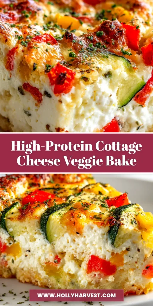 Cottage Cheese and Veggie Bake (The Ultimate Healthy Recipe) 3 A delicious slice of Cottage Cheese and Veggie Bake on a white plate. The bake is golden brown and filled with colorful vegetables, showcasing a healthy, high-protein meal.