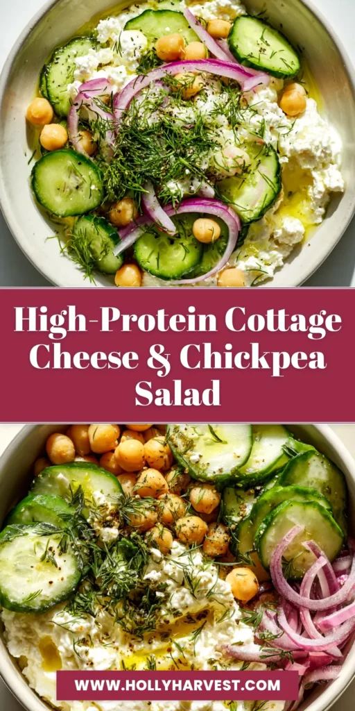 A top-down view of a bright and creamy Cottage Cheese Chickpea Salad in a white bowl, garnished with fresh dill. Perfect for a healthy high-protein lunch.
