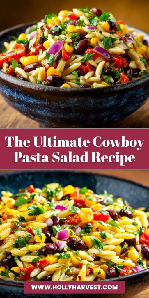 A large bowl of delicious Cowboy Pasta Salad, featuring rotini pasta, ground beef, corn, and beans in a creamy BBQ ranch dressing. A serving spoon is resting in the bowl.