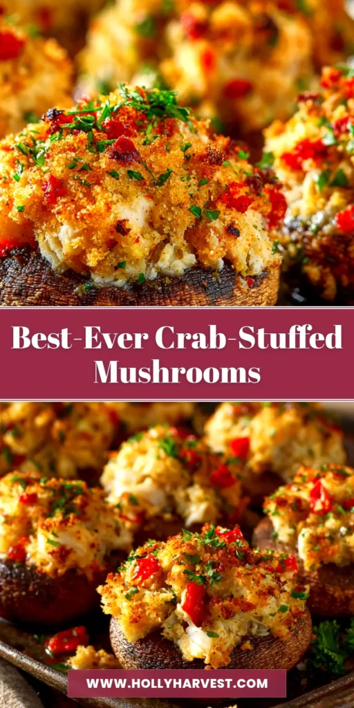 A platter of delicious crab-stuffed mushrooms, baked to a perfect golden brown and ready to be served as an easy appetizer.