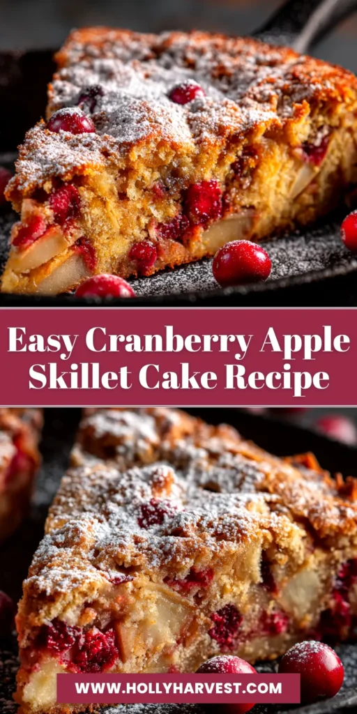 A beautiful overhead shot of a rustic Cranberry Apple Skillet Cake, baked to golden perfection in a cast-iron skillet and garnished with powdered sugar.