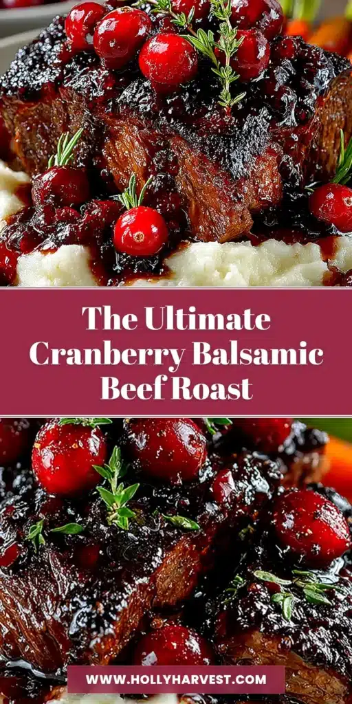 An overhead shot of a perfectly cooked Cranberry Balsamic Beef Roast, sliced and served on a platter, garnished with fresh cranberries and rosemary. The rich, dark glaze glistens on the tender meat, making it an ideal holiday main course.