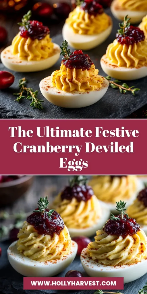 Cranberry Deviled Eggs: The Perfect Holiday Appetizer 3 A platter of festive cranberry deviled eggs, garnished with fresh rosemary. The perfect sweet and savory holiday appetizer.