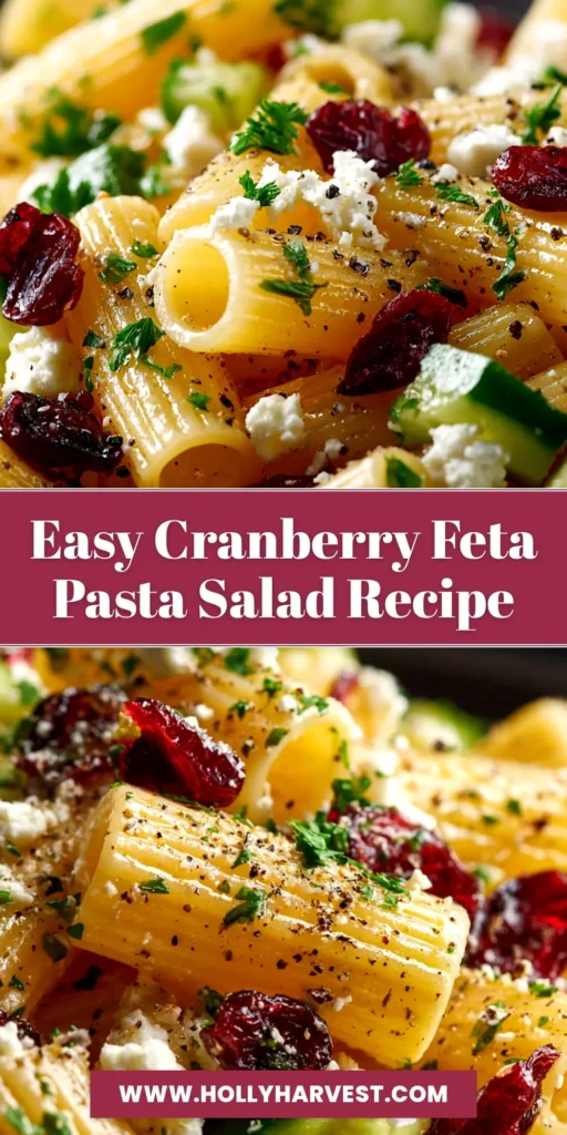 A large white bowl filled with Cranberry Feta Pasta Salad, garnished with fresh spinach and walnuts. A wooden serving spoon rests in the bowl.