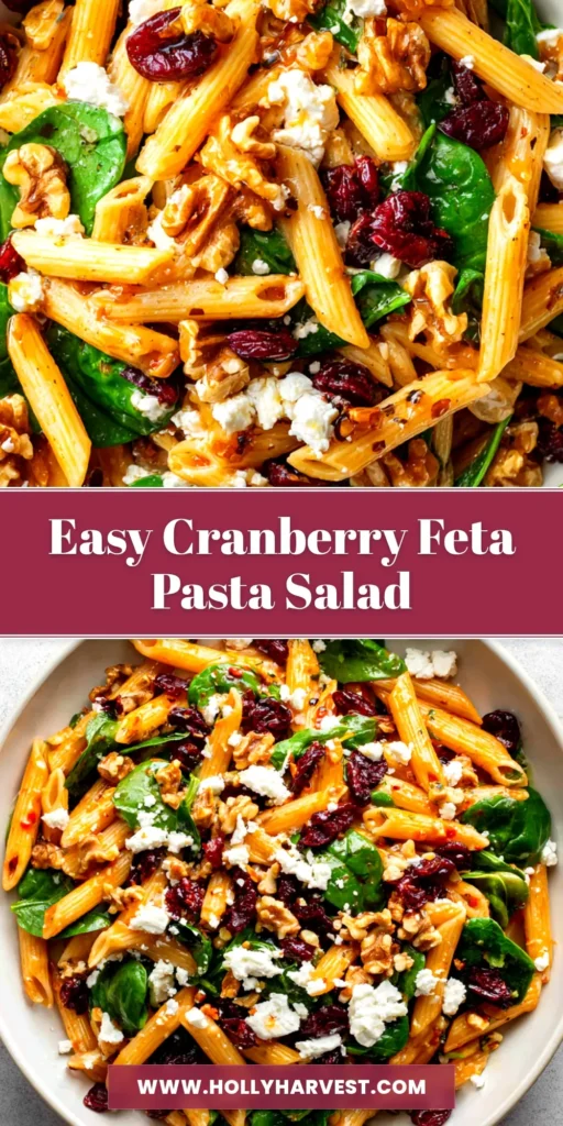 An overhead shot of a vibrant Cranberry Feta Penne Salad in a white serving bowl, ready to be shared. The perfect holiday pasta salad recipe.