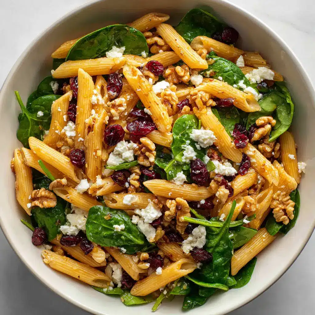 A serving of the holiday pasta salad on a plate, highlighting the creamy feta and sweet dried cranberries.