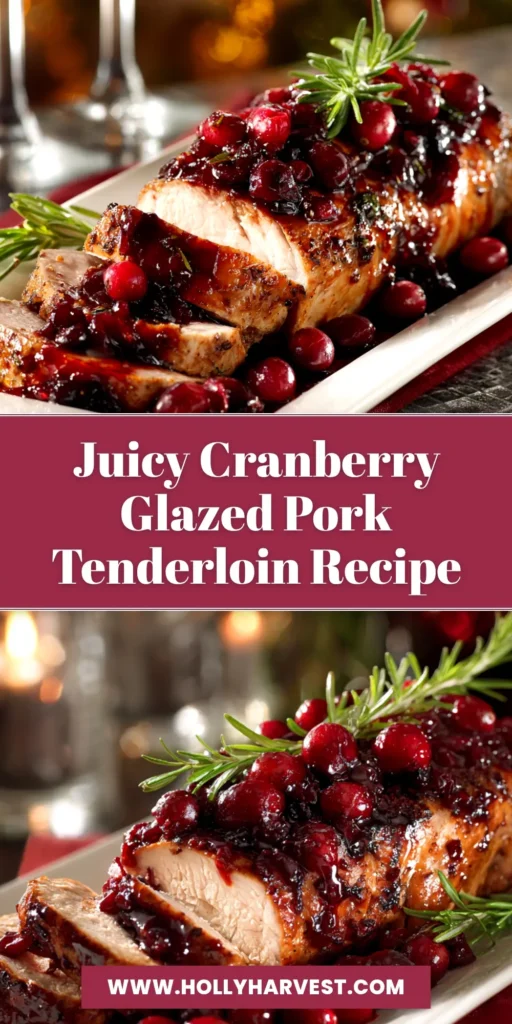 A beautiful platter of sliced cranberry glazed pork tenderloin, glistening with a vibrant red glaze and garnished with fresh cranberries and rosemary.