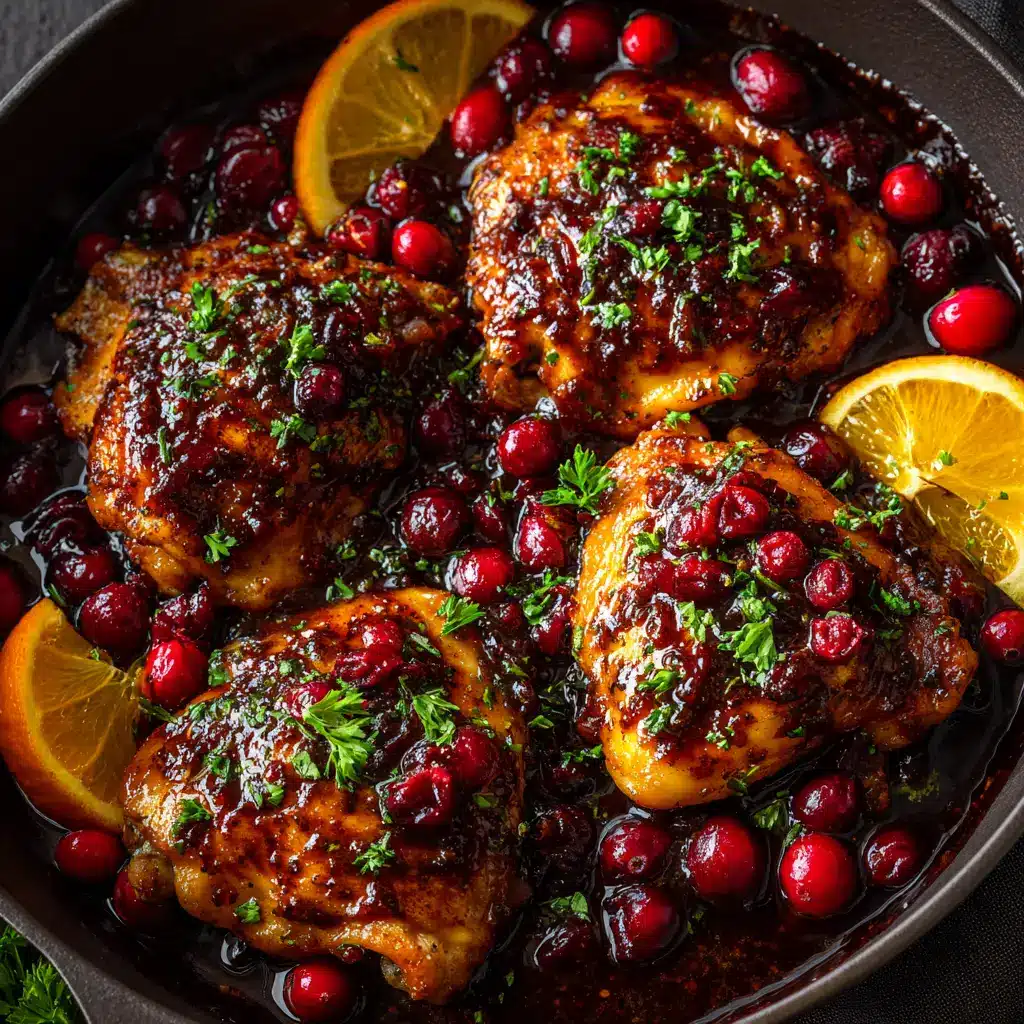 An oven-safe skillet filled with Cranberry Orange Chicken, ready to be served for a festive dinner.
